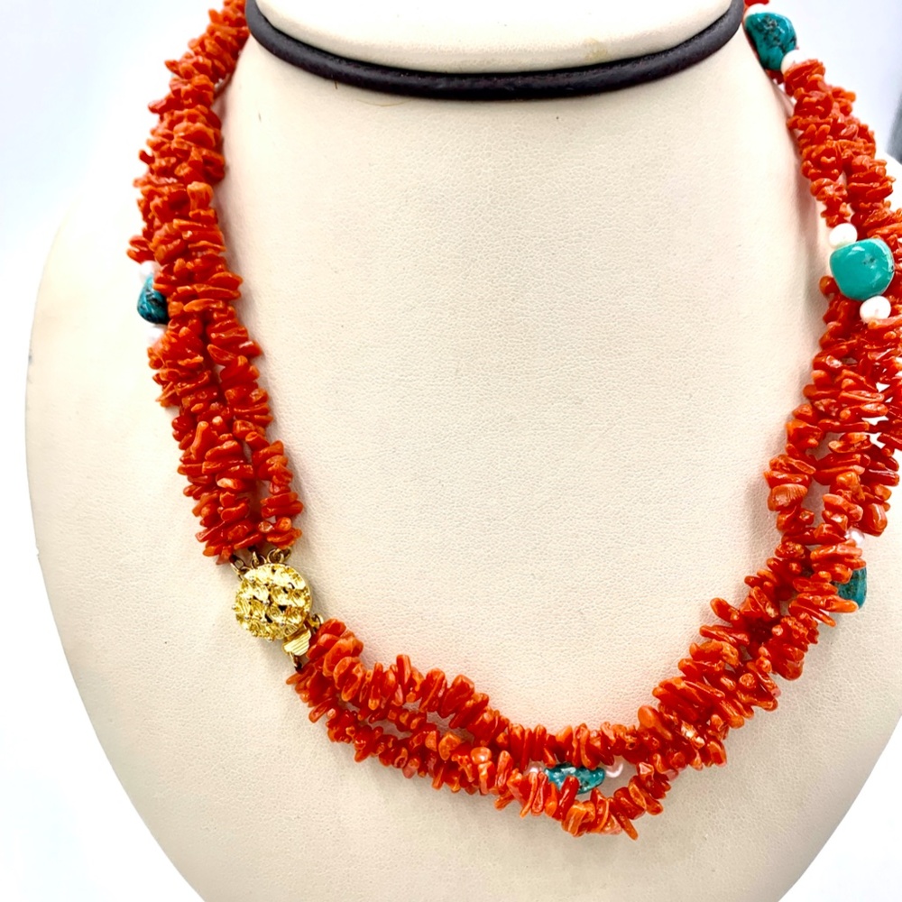 Genuine Red Branch Coral Turquoise & Peals Triple Strand Necklace - Picture 7 of 7